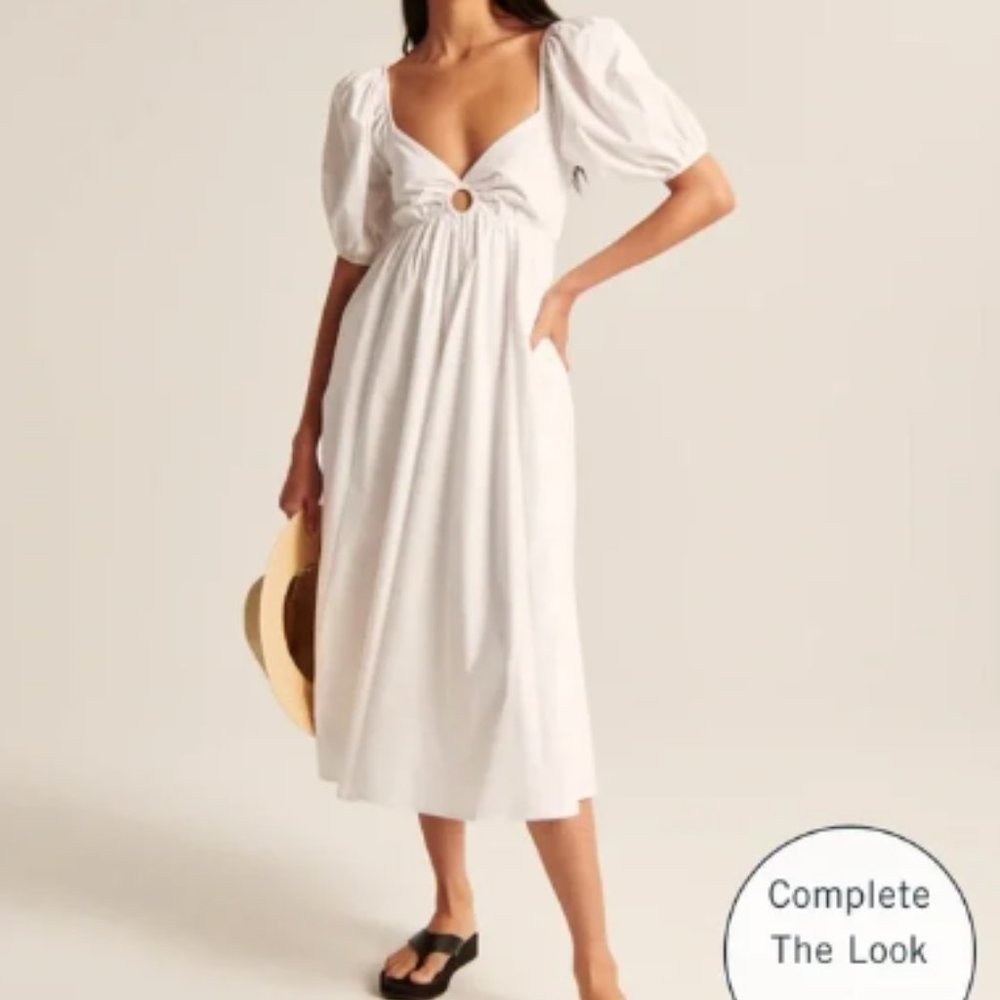 Abercrombie O-ring Puff Sleeve Midi Dress White XXST